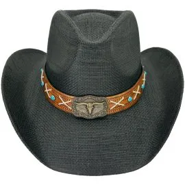 Wholesale Trendy Black Paper Straw Cowboy Hat with Bull Lace Band