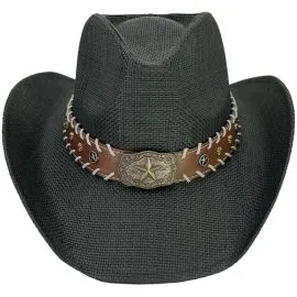 Wholesale Black Bull Laced Edge Band Cowboy Hat in Paper Straw