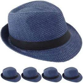 Elegant looking blue toyo paper straw trilby fedora hat with a black band at wholesale prices