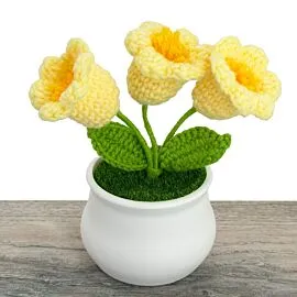 3 headed yellow crochet lily flowers in pot