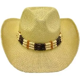 Wholesale Paper Straw Western Beige Cowboy Hat with Beaded Band