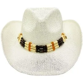 white color high-quality paper straw woman western cowboy beach hat with a beaded band at wholesale prices front view