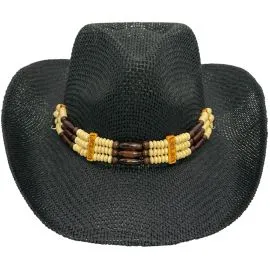 Black color high-quality paper straw woman western cowboy beach hat with a beaded band at wholesale prices 