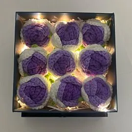 9 purple crochet rose in light up square box