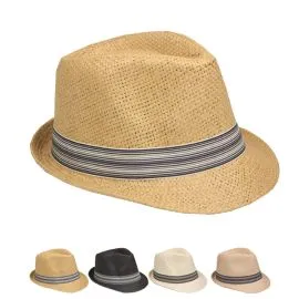 Classic Strip Banded Straw Trilby Fedora Hat Set in Wholesale