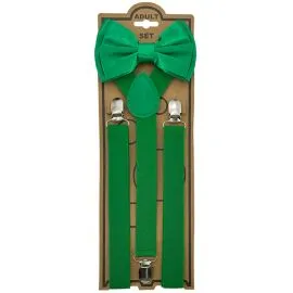 Adjustable Elastic Y Back Style Unisex Bowtie Suspender Set - Green