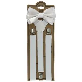 Wholesale Adjustable Elastic Y Back Style Unisex Bowtie Suspender Set - White.