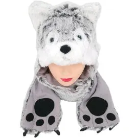 Grey Wolf Beanie Hat with Paws