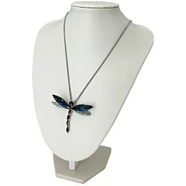 azure blue diamond dragonfly necklace on display