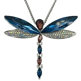 azure blue diamond dragonfly necklace on display