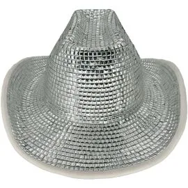 Front side of Silver Disco ball Costume Cowboy Hats - Mirror Glitter Cowgirl Hats