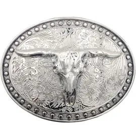 women's belt buckle with bright silver longhorn design