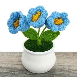 3 headed blue crochet lily flowers in pot