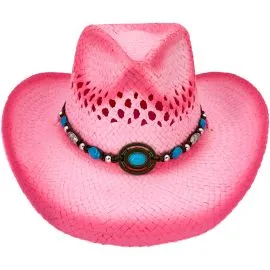 Pink shade raffia straw breathable woman western cowboy hat with a beaded band at wholesale prices