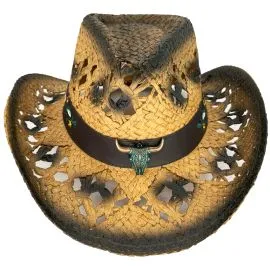 Breathable Straw Cowboy Hats with Bull Buckle and Floral Band