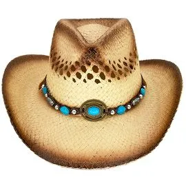 Brown shade raffia straw breathable kid western cowboy hat with a beaded band at wholesale prices