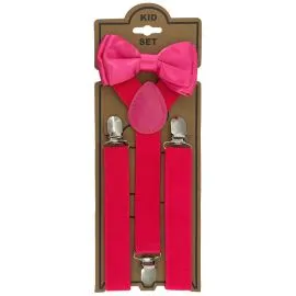 Wholesale Adjustable Bowtie Suspender Set for Kids - Elastic Y-Back Design with Strong Metal Clips - Hot Pink