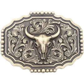 Wholesale Western Buckles - Dark Gold Floral Design Longhorn Belt Buckle