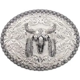 Silver Feathered Bull Belt Buckle - Long Horn with Floral Design