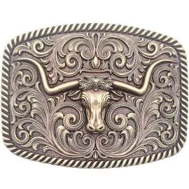 Longhorn Bull Belt Buckles for Men - Floral Western Design