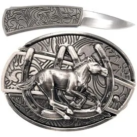 silver hidden knife belt buckles - western style galloping horse engraved design