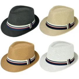 Wholesale Casual Straw Trilby Fedora Hat with Blue-Red-White Strip Band Blue-Red