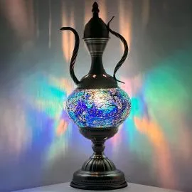 Cold Blue Vintage Tiffany Lamp with Mosaic Teapot Design - Light on