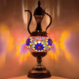 Colorful Flowers Red Turkish Lamp with Teapot Design