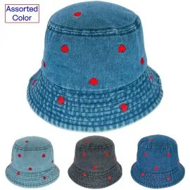 Vintage Denim Bucket Hats with Heart Embroidered Design Wholesale Selection