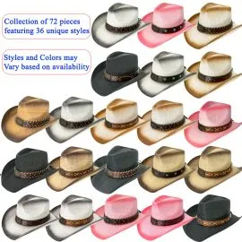 Wholesale Cowboy Hats in Bulk - Cowboy Hat Set Bulk with Assorted Styles 72 pieces