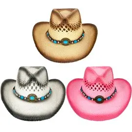 Bulk Cowboy Hats - Raffia Paper Turquoise Beaded Cowgirl Hats