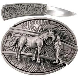 Wholesale Knife Belt Buckles in Bulk - Cowgirl and Horse Design Hidden Knife style