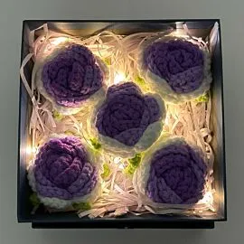 5 purple crochet rose in light up square box