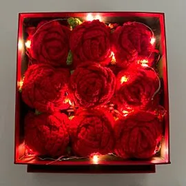 9 red crochet roses in light up square box