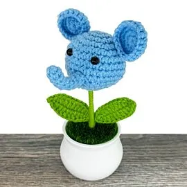 Adorable Blue Baby Elephant Design Crochet Flower in a Pot