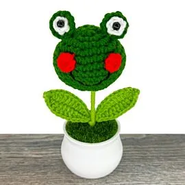 Shy Green Frog Design Crochet Flower in a Pot