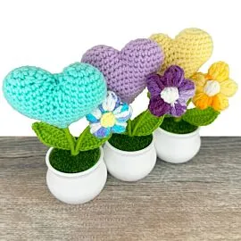 Charming Crochet Heart and Puff Flowers in a Pot