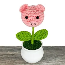 Cute Pink Pig Head Design Crochet Flower in a Pot