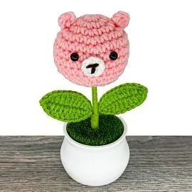 Cute Pink Bear Design Crochet Flower in a Pot