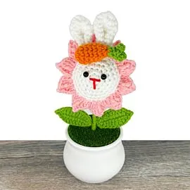 Pink Rabbit with Carrot Hat Design Crochet Flower in Pot