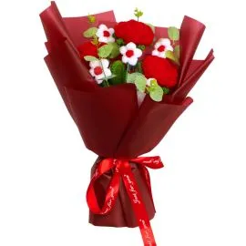 Crochet Red Rose and Puff Flower Valentines Bouquets wholesale