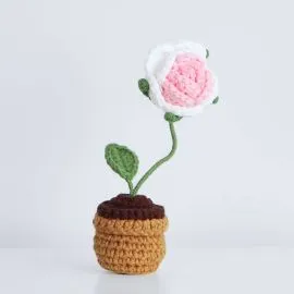 White Pink Crochet Rose in Crochet Flower Pot