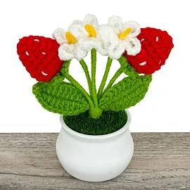 red and white crochet strawberry flower in pot