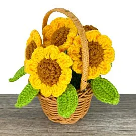 Yellow Crochet Sunflowers in Basket with Handle