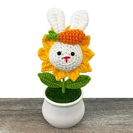 Smiling Rabbit with Carrot Design Crochet Flower in Pot