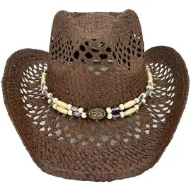 Hollow Straw Beaded Band Brown Cowboy Beach Hat in Wholesale