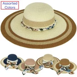 Wholesale summer beach hats for ladies - Pearls with floral design band and colored brim