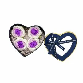 Blue Heart Flower Gift Box with 4-Purple Gradient Crochet Rose Heads | Middle Size