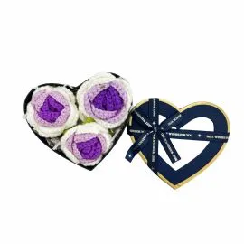 Blue Heart Flower Gift Box with 3-Purple Gradient Crochet Rose Heads | Small Size