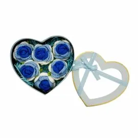 Heart Flower Gift Box with 6-Blue Gradient Crochet Rose Heads | Large Size